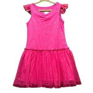 Kidtopia Girls Pink Tulle Dress W/ Glitter Stars & Ruffled Sleeves - Size 5